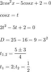 \displaystyle 2cos^2x-5cosx+2=0\\\\cosx=t\\\\2t^2-5t+2=0\\\\D=25-16=9=3^2\\\\t_{1.2}= \frac{5\pm 3}{4}\\\\t_1=2; t_2= \frac{1}{2}