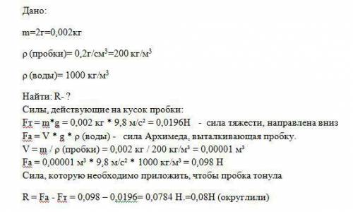 Какая сила потребуется для полного погружения в воду пробирки массой 2г? плотность пробирки 0,2г/см