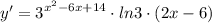 y'={\displaystyle 3^{x^{2}-6x+14} \cdot ln3 \cdot (2x - 6) }