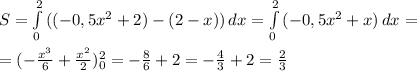 S= \int\limits^2_0 {((-0,5x^2+2)-(2-x))} \, dx = \int\limits^2_0 {(-0,5x^2+x)} \, dx =\\\\=(-\frac{x^3}{6}+\frac{x^2}{2})_0^2=-\frac{8}{6}+2=-\frac{4}{3}+2=\frac{2}{3}