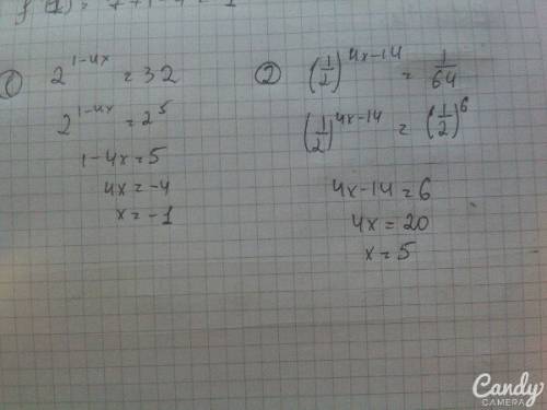 Найти корень уравнения: 1)2^1-4x(все в степени)=32 2)(1/2)^4x-14(все степень)=1/64