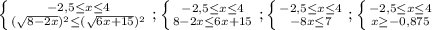 \left \{ {{-2,5 \leq x \leq 4} \atop {( \sqrt{8-2x} )^2} \leq ( \sqrt{6x+15} )^2} \right. ; \left \{ {{-2,5 \leq x \leq 4} \atop {8-2x \leq 6x+15}} \right. ; \left \{ {{-2,5 \leq x \leq 4} \atop {-8x \leq 7}} \right. ; \left \{ {{-2,5 \leq x \leq 4} \atop {x \geq -0,875 }} \right.