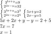 \left \{ {{ 3^{5x+y} =9} \atop { 2^{2x-y} =32}} \right. \\ \left \{ {{ 3^{5x+y}= 3^{2} } \atop {2^{2x-y}= 2^{5} }} \right. &#10; \left \{ {{5x+y=2} \atop {2x-y=5}} \right. \\ 5x+2x+y-y=2+5 \\ 7x=7 \\ x=1 \\