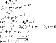 \dfrac{4y^2/x^2}{(1+y^2/x^2)^2}=x^2\\ \dfrac{4y^2}{(x^2+y^2)^2}=1\\ (x^2+y^2)^2-4y^2=0\\ (x^2+y^2-2y)(x^2+y^2+2y)=0\\ x^2+y^2-2y=0\\&#10;(y-1)^2=1-x^2\\&#10;y=1\pm\sqrt{1-x^2}