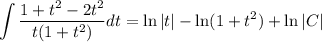 \displaystyle \int \frac{1+t^2-2t^2}{t(1+t^2)}dt=\ln |t|-\ln(1+t^2)+\ln|C|