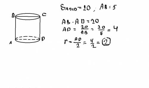 Площадь осевого сечения цилиндра равна 20см², а высота цилиндра -5см. найдите радиус основания.