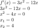 f'(x)=3x^2-12x \\&#10;3x^2-12x = 0 \\&#10;x^2 - 4x = 0 \\&#10;x_1 = 0 \\&#10;x_2 = 4