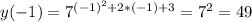 y(-1)= 7^{(-1) ^{2} +2*(-1)+3} = 7^{2} =49