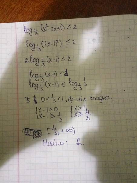 Знайдіть найменший натуральний розв'язок нерівності: log за основою 1/3((x^2)-2x+1) ≤ 2