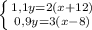 \left \{ {{1,1y=2(x+12)} \atop {0,9y=3(x-8)}} \right