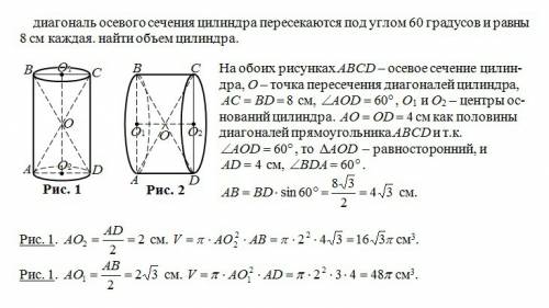 Диагональ осевого сечения цилиндра пересекаются под углом 60 градусов и равны 8 см каждая. найти объ