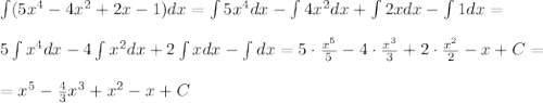 \int(5x^4-4x^2+2x-1)dx=\int5x^4dx-\int4x^2dx+\int2xdx-\int1 dx=\\\\&#10;5\int x^4dx-4\int x^2dx+2\int xdx-\int dx=5\cdot \frac{x^5}{5}-4\cdot \frac{x^3}{3}+2\cdot \frac{x^2}{2}-x+C=\\\\=x^5- \frac{4}{3}x^3+x^2-x+C