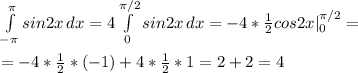 \int\limits^{ \pi }_{- \pi }} sin2x\, dx =4 \int\limits^{ \pi /2 }_{0 }} sin2x\, dx =-4* \frac{1}{2} cos2x|_0^{ \pi /2} = \\ \\ = -4* \frac{1}{2} *(-1)+4* \frac{1}{2} *1= 2+2=4