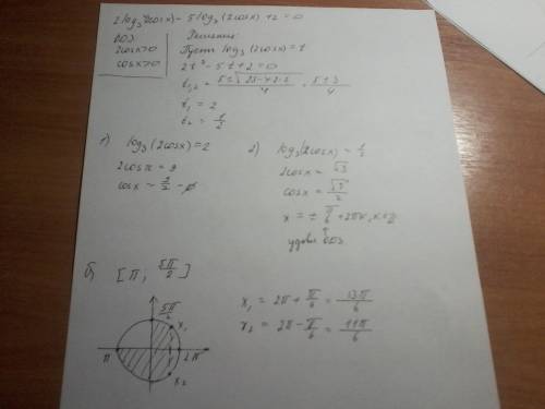 2㏒₃²(2cosx)-5㏒₃(2cosx)+2=0 a)решите уравнение b)найдите все корни этого уравнения, принадлежащие про