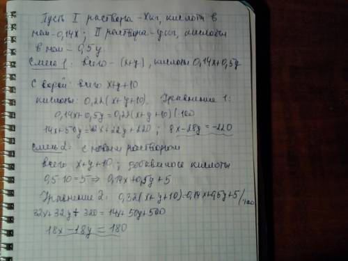 Смешав 14 процентный и 50 процентный растворы кислоты и добавив 10 кг чистой воды, получили 22 проце