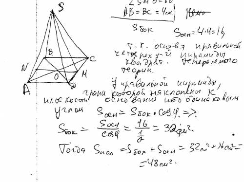 Сторона основи правильної чотирикутної піраміди дорівнює 4 см,а бічна грань нахилена до площини осно