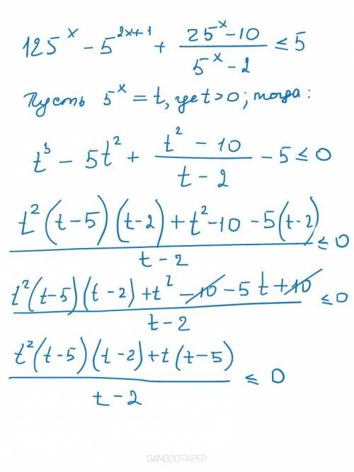 Решить неравенство 125^x-5^(2x+1)+(25^x-10)/(5^x-2)< =5