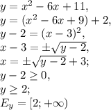 y=x^2-6x+11, \\ y=(x^2-6x+9)+2, \\ y-2=(x-3)^2, \\ x-3=\pm\sqrt{y-2}, \\ x=\pm\sqrt{y-2}+3; \\ y-2 \geq 0, \\ y \geq 2; \\ E_y=[2;+\infty)