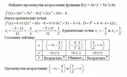 Найдите промежутки возрастания функции f(x) = 4x^3 + 5x^2-8x