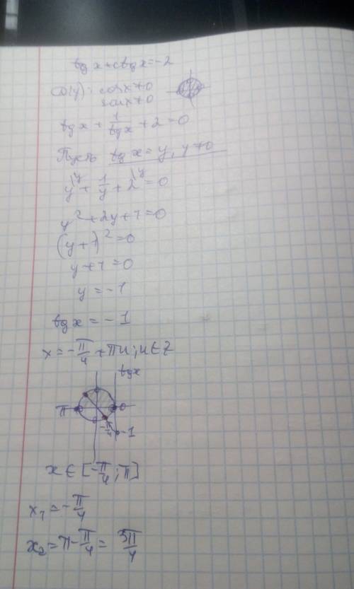 Найти общее решение уравнения tgx+ctgx=-2 в ответе записать углы принадлежащие [-п/4; п]