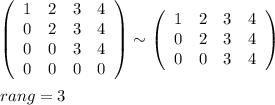 \left(\begin{array}{cccc}1&2&3&4\\0&2&3&4\\0&0&3&4\\0&0&0&0\end{array}\right) \sim \left(\begin{array}{cccc}1&2&3&4\\0&2&3&4\\0&0&3&4\end{array}\right) \\\\rang=3