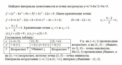 Найдите интервалы монотонности и точки экстремума y=x^3-6x^2+9x+5