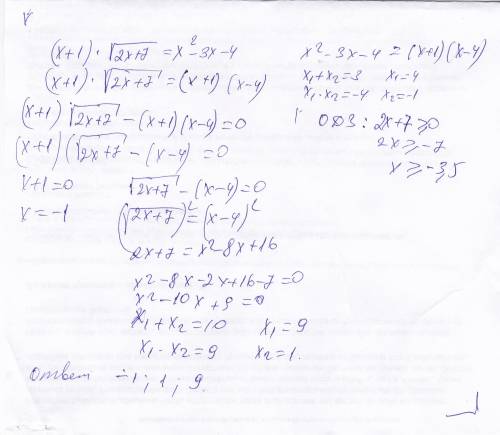 Решите уравнение (x+1)*корень(2x+7) = x^2-3x-4 !