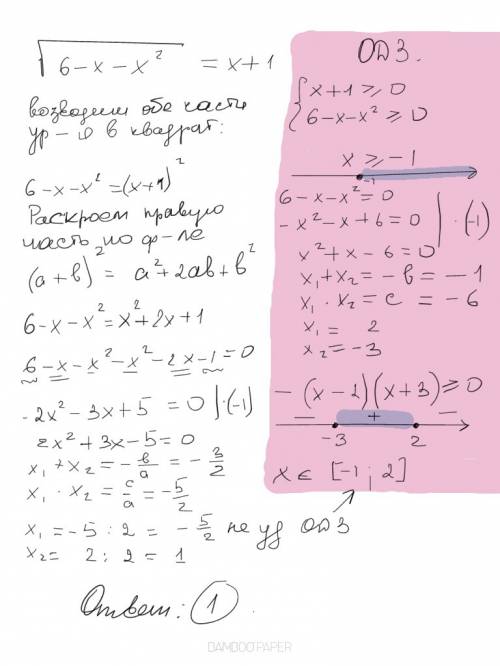 Решите уравнение корень 6-x-x^2=x+1