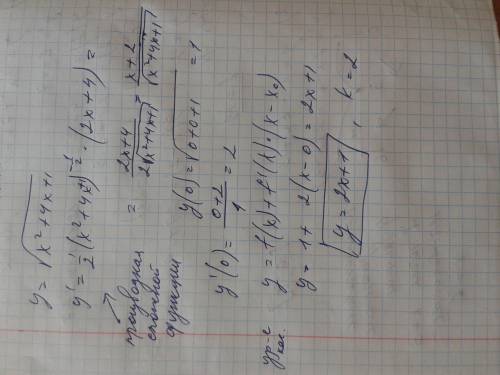Физ смысл производной y=корень(х^2+4х+1) х0=0 к кас-?