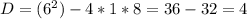 D = (6^{2} ) - 4 * 1 * 8= 36 -32 =4