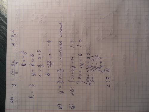 Линия ab имеет уравнению 3x+5y=11.найдите градиента ab.точка а имеет координаты (2,1).найдите уравне