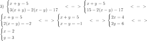 3)\ \begin{cases} x+y=5 \\ 3(x+y)-2(x-y)=17 \end{cases} \ \textless \ =\ \textgreater \ \begin{cases} x+y=5 \\ 15-2(x-y)=17 \end{cases} \ \textless \ =\ \textgreater \ \\ \begin{cases} x+y=5 \\ 2(x-y)=-2 \end{cases} \ \textless \ =\ \textgreater \ \begin{cases} x+y=5 \\ x-y=-1 \end{cases} \ \textless \ =\ \textgreater \ \begin{cases} 2x=4 \\ 2y=6 \end{cases} \ \textless \ =\ \textgreater \ \\ \begin{cases} x=2 \\ y=3 \end{cases}