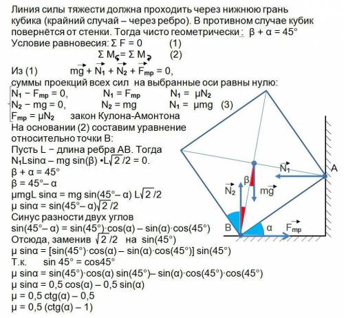 Кубик стоит у стены так, что одна из его граней образует угол альфа с полом. при каком значении коэф