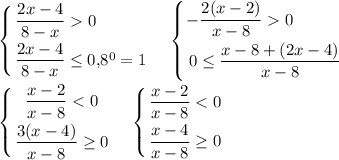 \displaystyle \left \{ {{\dfrac{2x-4}{8-x}0\qquad \quad } \atop {\dfrac{2x-4}{8-x}\le 0,\! 8^0=1}} \right. \quad \left \{ {{-\dfrac{2(x-2)}{x-8}0\quad \qquad } \atop {0\le \dfrac{x-8+(2x-4)}{x-8}}} \right. \\\\\left \{ {{\dfrac{x-2}{x-8}