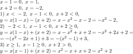 x-1=0, \ x=1, \\ x+2=0, \ x=-2, \\ 1) \ x\ \textless \ -2, \ x-1\ \textless \ 0, \ x+2\ \textless \ 0, \\ y=x(1-x)-(x+2)=x-x^2-x-2=-x^2-2, \\ 2) \ -2\leqx\ \textless \ 1, \ x-1\ \textless \ 0, \ x+2\geq0, \\ y=x(1-x)+(x+2)=x-x^2+x+2=-x^2+2x+2=\\=-(x^2-2x+1)+3=-(x^2-1)+3, \\ 3) \ x\geq1, \ x-1\geq0, \ x+2\ \textgreater \ 0, \\ y=x(x-1)+(x+2)=x^2-x+x+2=x^2+2