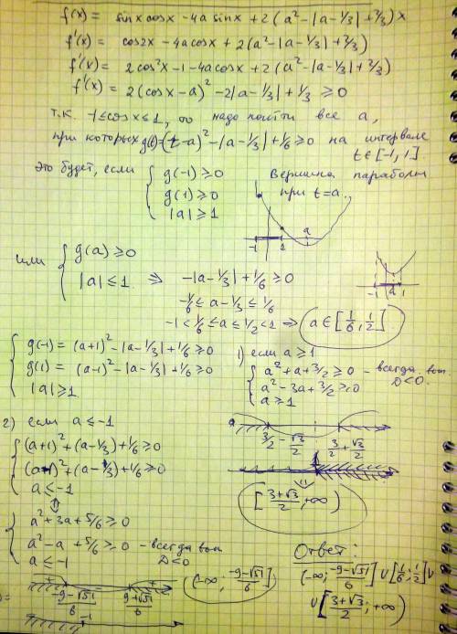 При каких значениях a функция f (x)= sinx cosx - 4a sinx + 2 ( a^2 - |a-1/3|+2/3) x возрастает на вс