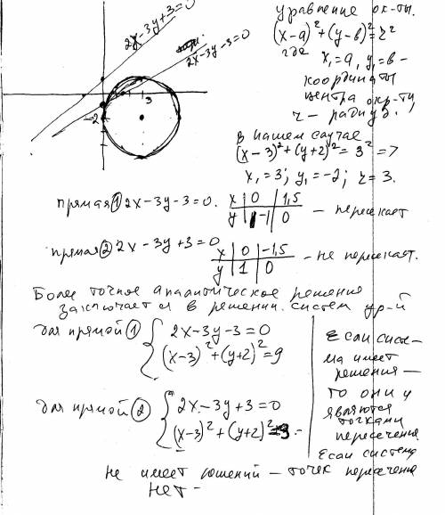 Установить, пересекают ли окружность (x-3)²+(y+2)²=9 прямые: a. 2x-3y-3=0 b. 2x-3y+3=0. большое за !