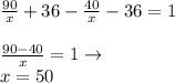 \frac{90}{x}+36-\frac{40}{x}-36=1\\\\\frac{90-40}{x}=1\to\\x=50