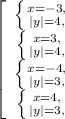 \left[\begin{array}{c} \left \{ {x=-3,} \atop {|y|=4,}} \right. \\ \left \{ {x=3,} \atop {|y|=4,}} \right. \\ \left \{ {x=-4,} \atop {|y|=3,}} \right. \\ \left \{ {x=4,} \atop {|y|=3,}} \right. \end{array}\right.