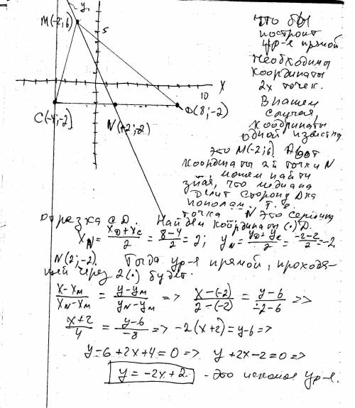 Составьте уравнение прямой, содержащей медиану мк треугольника mdc, если его вершины м(-2; 6), d(8;