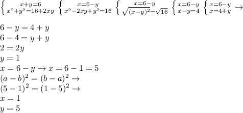 \left\{{{x+y=6}\atop{x^2+y^2=16+2xy}}\right.\left\{{{x=6-y}\atop{x^2-2xy+y^2=16}}\right.\left\{{{x=6-y}\atop{\sqrt{(x-y)^2}=\sqrt{16}}}\right.\left\{{{x=6-y}\atop{x-y=4}}\right.\left\{{{x=6-y}\atop{x=4+y}}\right.\to\\\\6-y=4+y\\6-4=y+y\\2=2y\\y=1\\x=6-y\to x=6-1=5\\(a-b)^2=(b-a)^2\to\\(5-1)^2=(1-5)^2\to\\x=1\\y=5