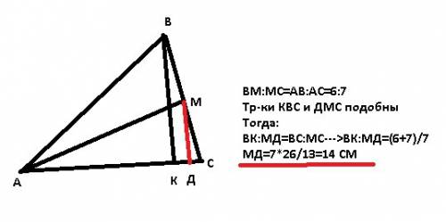 Решить: у трикутнику авс відрізок вк-висота, відрізок ам-бісектриса,вк=26см; ав: ас=6: 7. з точки м