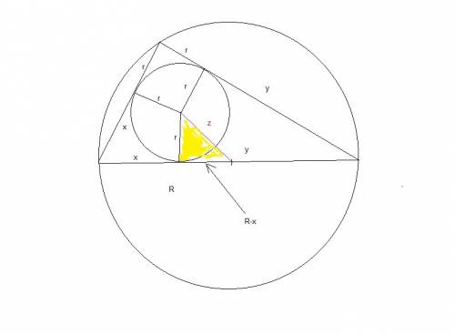Как найти расстояние (в прямоугольным треугольнике) между центрами вписанной описанной окружности