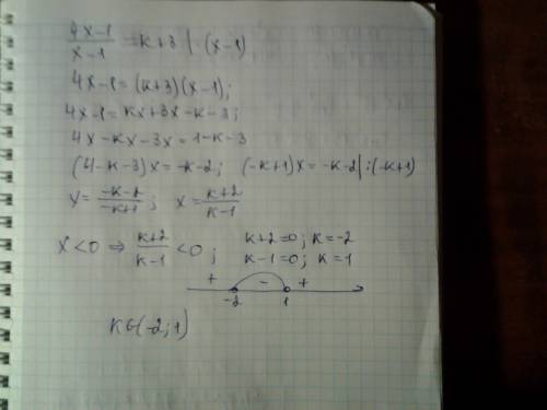 При каких значениях k уравнение (4x-1)/(x-1)=k+3 имеет отрицательное решение