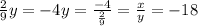 \frac{2}{9}y=-4&#10;y= \frac{-4}{ \frac{2}{9} } = \frac{x}{y} =-18