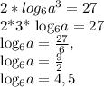 2*log_{6} a^{3} =27&#10;&#10;2*3* log_{6} a =27&#10;&#10; log_{6} a= \frac{27}{6} , &#10;&#10; log_{6} a= \frac{9}{2} &#10;&#10; log_{6} a=4,5