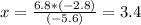 x = \frac{6.8 * (-2.8)}{(-5.6)} = 3.4