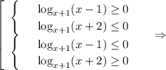 \displaystyle \left[\begin{array}{ccc}\begin{cases}&#10; & \text{ } \log_{x+1}(x-1) \geq 0 \\ &#10; & \text{ }\log_{x+1}(x+2) \leq 0&#10;\end{cases}\\ \begin{cases}&#10; & \text{ } \log_{x+1}(x-1) \leq 0 \\ &#10; & \text{ } \log_{x+1}(x+2) \geq 0&#10;\end{cases}\end{array}\right~~~\Rightarrow~~~