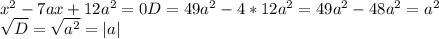 x^{2} - 7ax + 12 a^{2} = 0 &#10;D = 49a^{2} - 4*12 a^{2} = 49a^{2} - 48a^{2} = a^{2} \\ &#10; \sqrt{D} = \sqrt{a^{2}} = |a| \\ &#10;