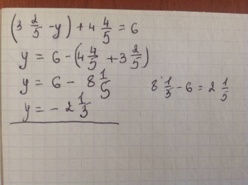 Решите уравнение (3 2/5 -y) + 4 4/5=6